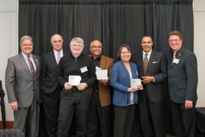 From left to right: Robert Caret, Michael Gill, Dan Kostov, Govind Rao, Leah Tolosa, Freeman Hrabowski, Karl Steiner