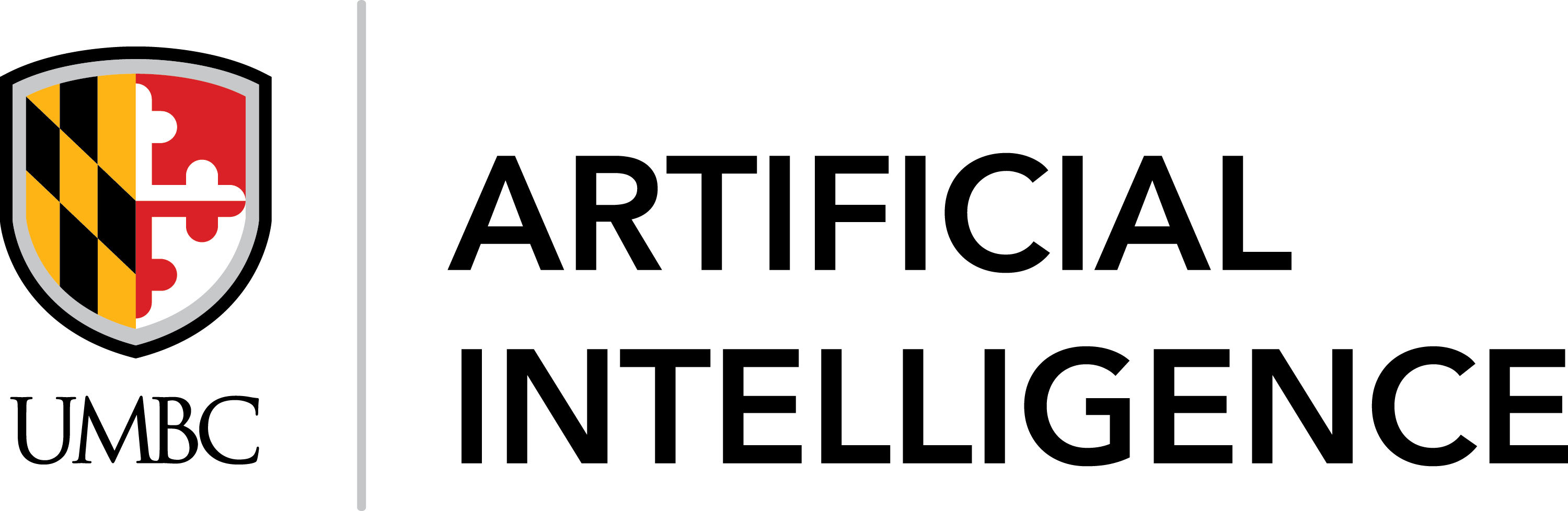 Logo for UMBC Artificial Intelligence featuring the UMBC shield with Maryland flag patterns